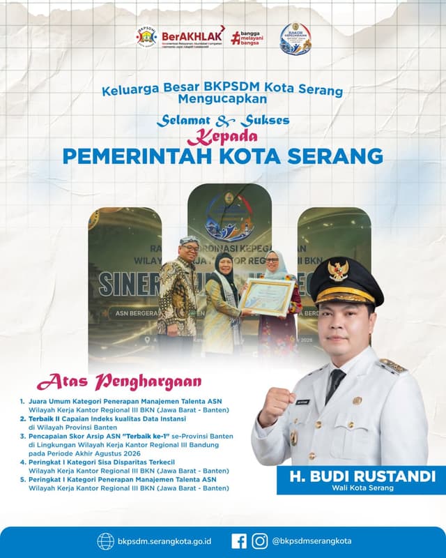 Kepemimpinan Budi Rustandi, Pemkot Serang Borong Lima Penghargaan BKN